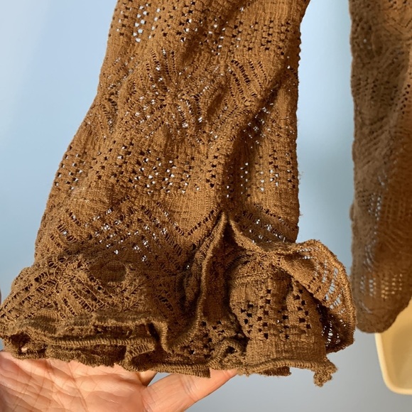 Oscar by Oscar De Larenta Brown Lace mesh Top blouse scoop neck ruffle trim XL - Picture 5 of 8